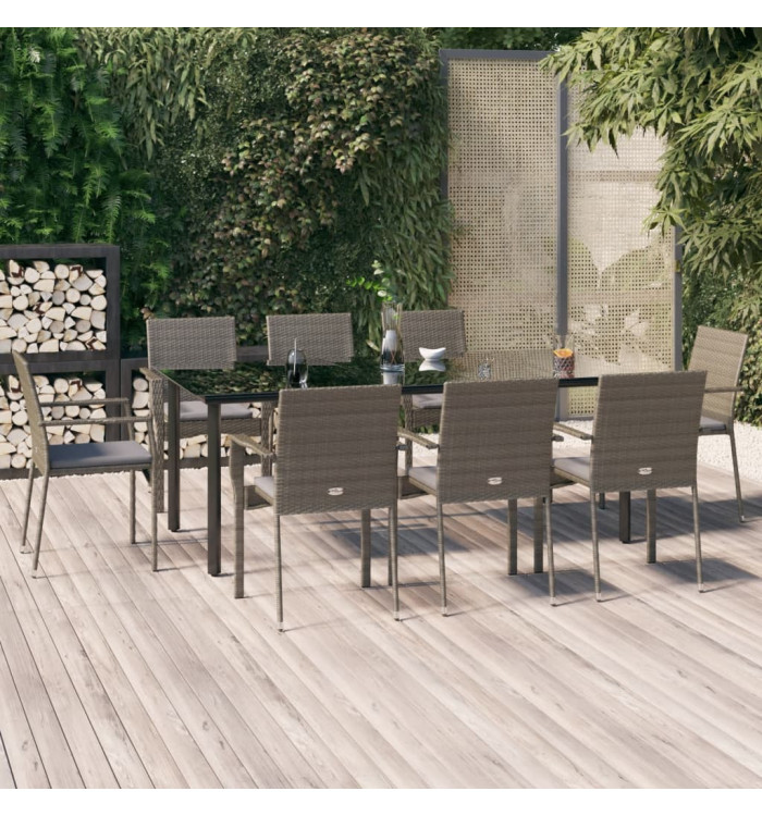 Ensemble à manger de jardin 9pcs et coussins noir et gris | Mobilier & Déco