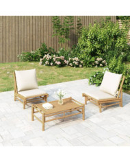 Salon de jardin 3 pcs avec coussins blanc crème bambou | Mobilier & Déco
