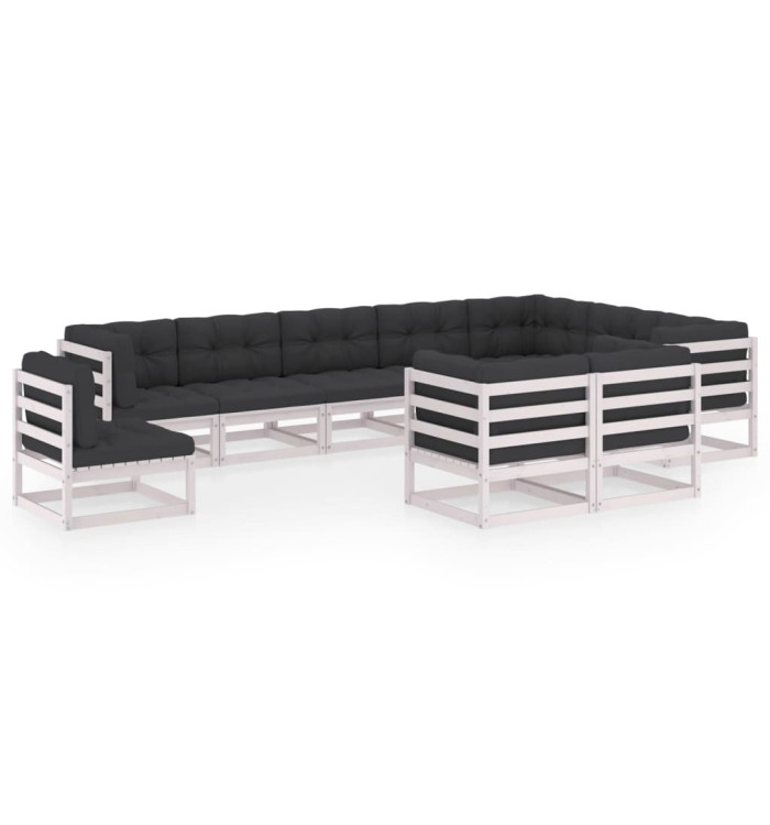 Salon de jardin 10 pcs avec coussins Blanc Bois de pin massif | Mobilier & Déco