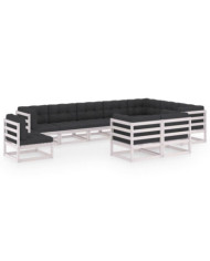 Salon de jardin 10 pcs avec coussins Blanc Bois de pin massif | Mobilier & Déco