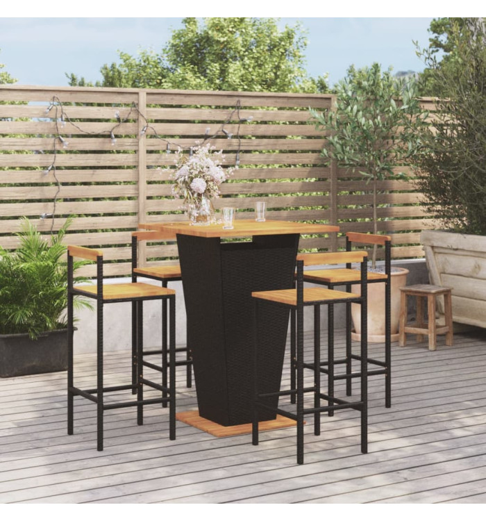 Ensemble de bar jardin 5 pcs noir poly rotin/bois massif acacia | Mobilier & Déco