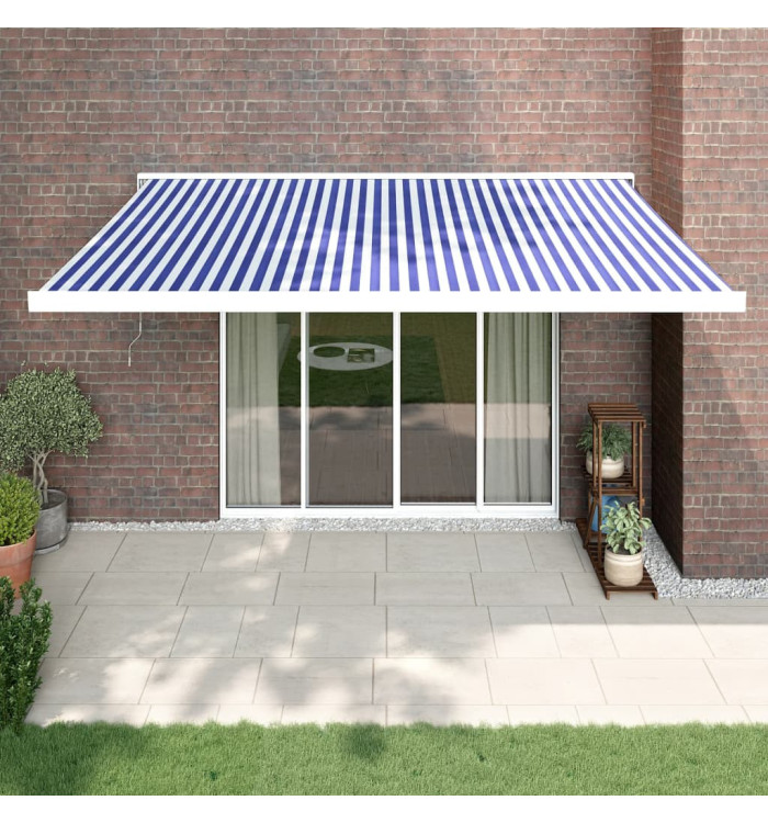 Auvent rétractable bleu et blanc 4x3 m tissu et aluminium | Mobilier & Déco