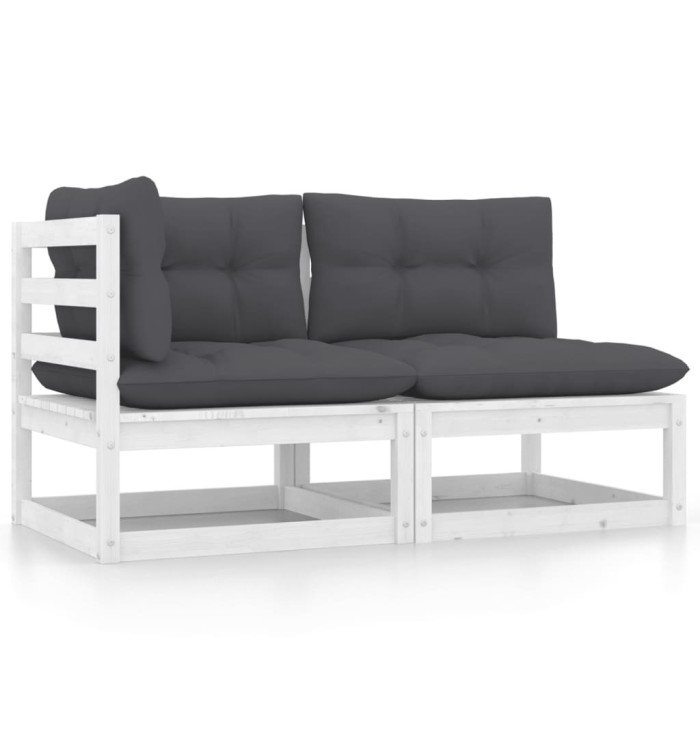 Salon de jardin 2 pcs avec coussins Blanc Bois de pin massif | Mobilier & Déco