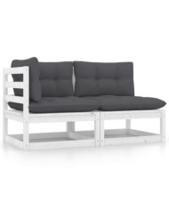 Salon de jardin 2 pcs avec coussins Blanc Bois de pin massif | Mobilier & Déco