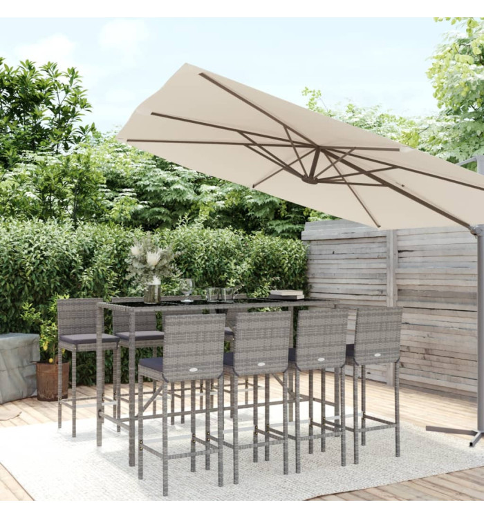 Ensemble de bar de jardin 9 pcs avec coussins gris poly rotin | Mobilier & Déco