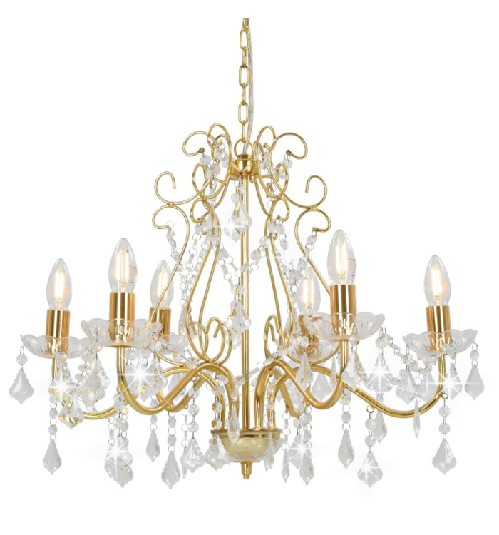 Lustre avec perles de cristal Doré Rond 6 x E14 | Mobilier & Déco