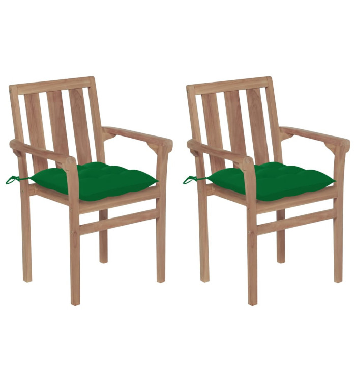 Chaises de jardin lot de 2 et coussins vert Bois de teck massif | Mobilier & Déco