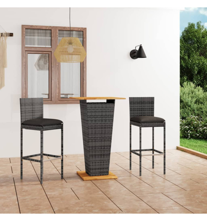 Ensemble de bar de jardin 3 pcs et coussins Résine tressée Gris | Mobilier & Déco