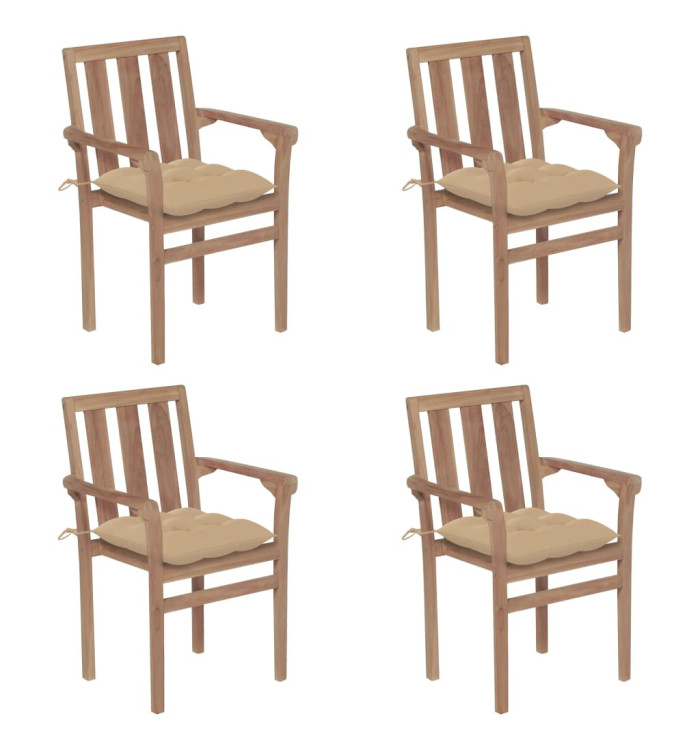 Chaises de jardin empilables avec coussins lot de 4 Teck solide | Mobilier & Déco