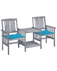 Chaises de jardin avec table à thé et coussins Acacia solide | Mobilier & Déco