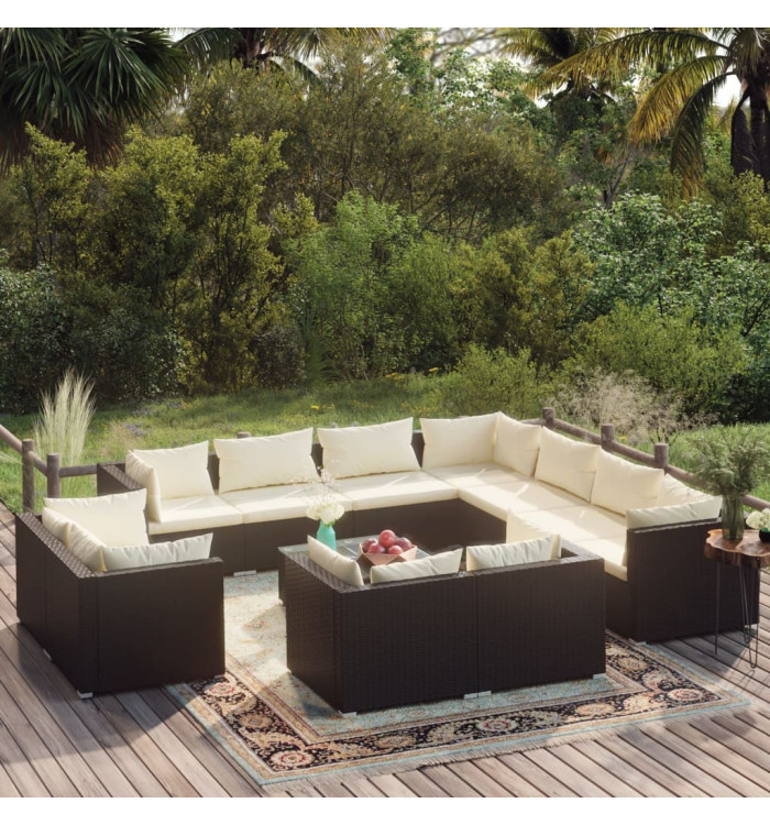 Salon de jardin 12 pcs avec coussins Noir Résine tressée | Mobilier & Déco