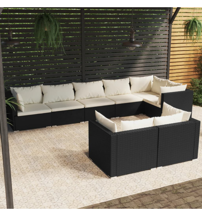 Salon de jardin 8 pcs avec coussins noir résine tressée | Mobilier & Déco