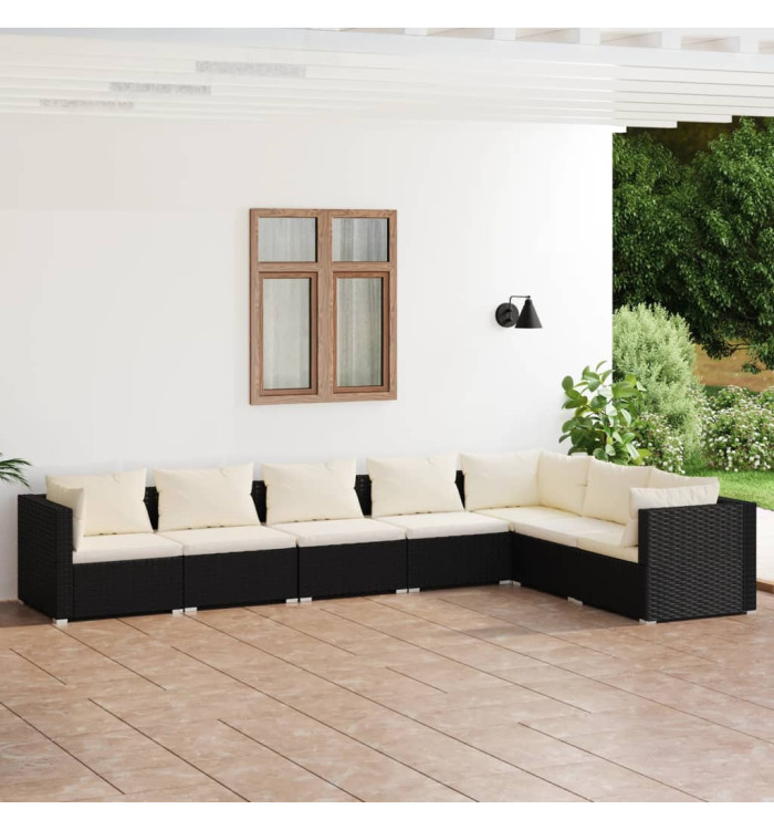 Salon de jardin 7 pcs avec coussins Résine tressée Noir | Mobilier & Déco