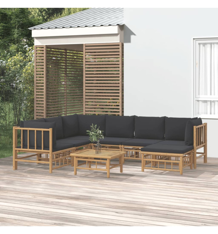 Salon de jardin 8 pcs avec coussins gris foncé bambou | Mobilier & Déco