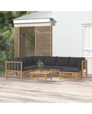 Salon de jardin 8 pcs avec coussins gris foncé bambou | Mobilier & Déco