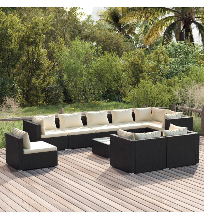 Salon de jardin 10 pcs avec coussins Résine tressée Noir | Mobilier & Déco