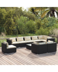 Salon de jardin 10 pcs avec coussins Résine tressée Noir | Mobilier & Déco