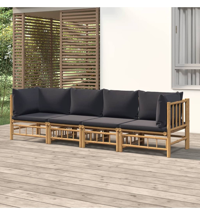 Salon de jardin 4 pcs avec coussins gris foncé bambou | Mobilier & Déco