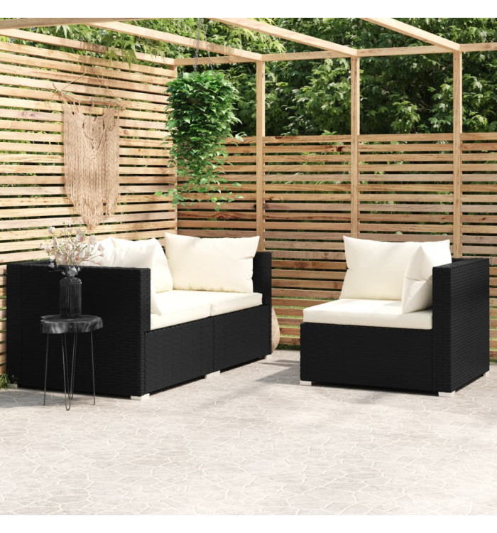 Salon de jardin 3 pcs avec coussins Noir Résine tressée | Mobilier & Déco