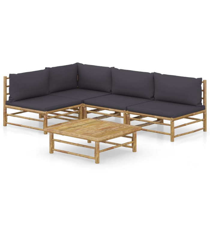 Salon de jardin 5 pcs avec coussins gris foncé bambou | Mobilier & Déco