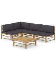 Salon de jardin 5 pcs avec coussins gris foncé bambou | Mobilier & Déco
