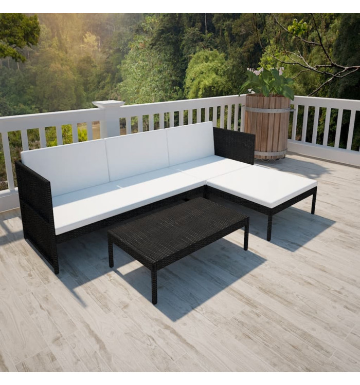 Salon de jardin 3 pcs avec coussins Résine tressée Noir | Mobilier & Déco