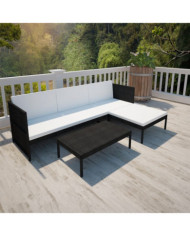 Salon de jardin 3 pcs avec coussins Résine tressée Noir | Mobilier & Déco