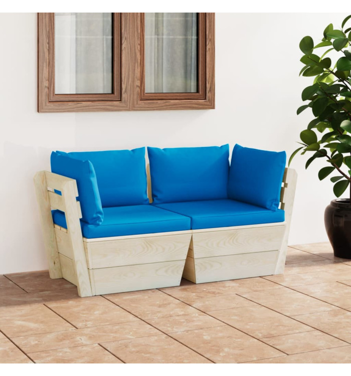 Canapé palette à 2 places de jardin avec coussins Bois d'épicéa | Mobilier & Déco