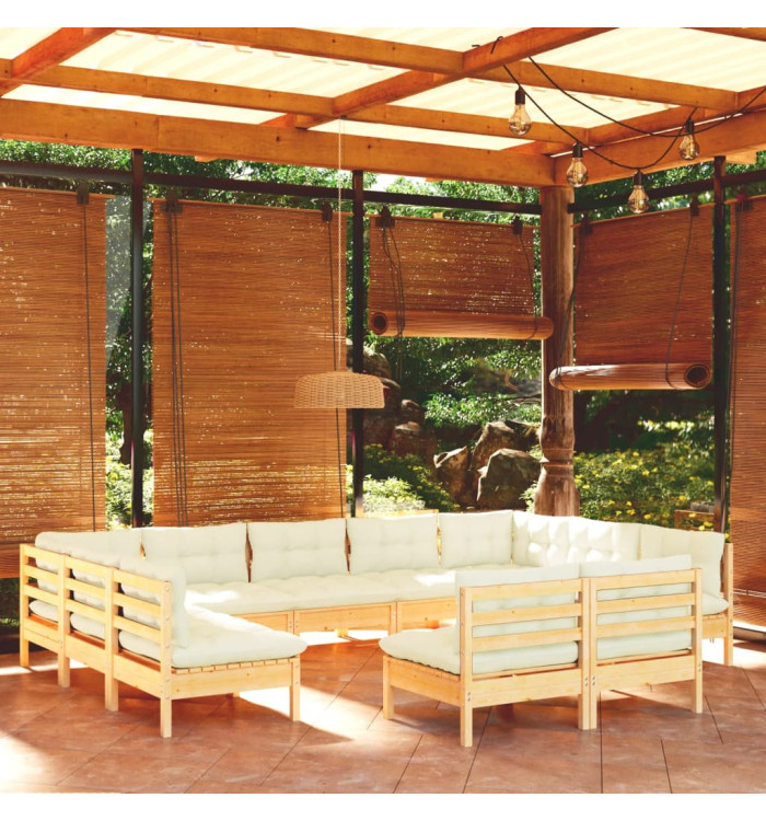 Salon de jardin 11 pcs avec coussins crème Bois de pin solide | Mobilier & Déco