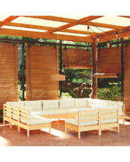 Salon de jardin 11 pcs avec coussins crème Bois de pin solide | Mobilier & Déco