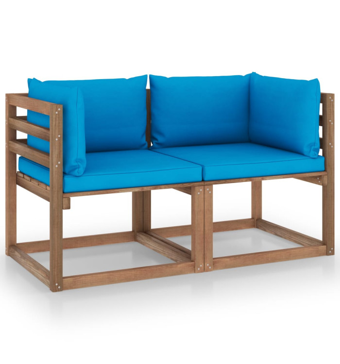 Canapé palette de jardin 2 places et coussins bleu clair Pinède | Mobilier & Déco