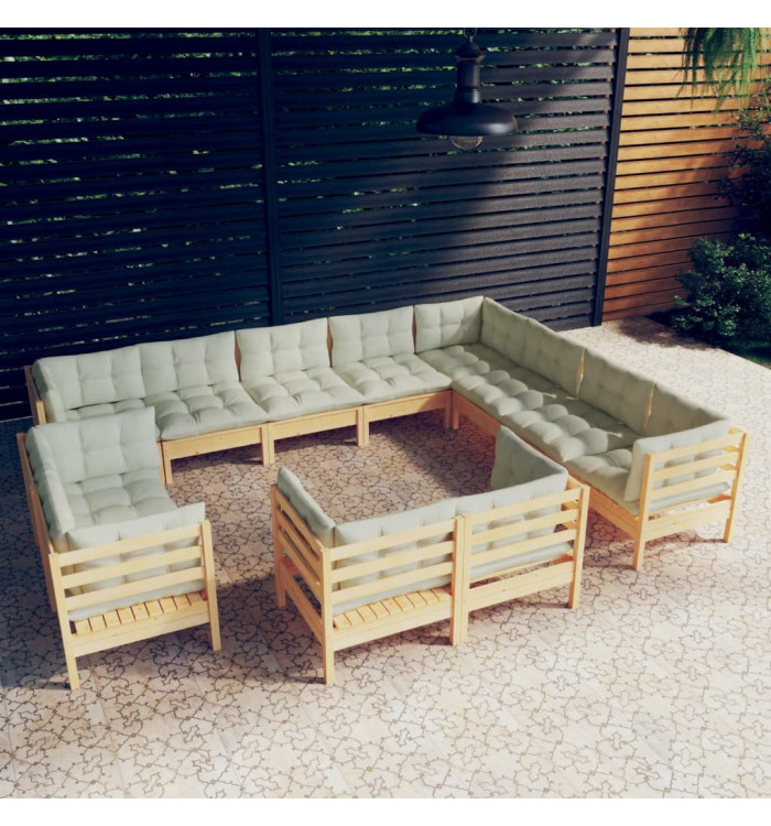 Salon de jardin 12 pcs avec coussins crème Bois de pin massif | Mobilier & Déco