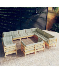 Salon de jardin 12 pcs avec coussins crème Bois de pin massif | Mobilier & Déco
