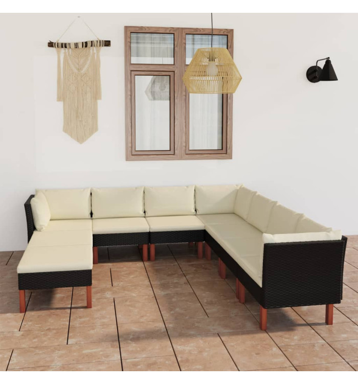 Salon de jardin 9 pcs avec coussins Résine tressée Noir | Mobilier & Déco