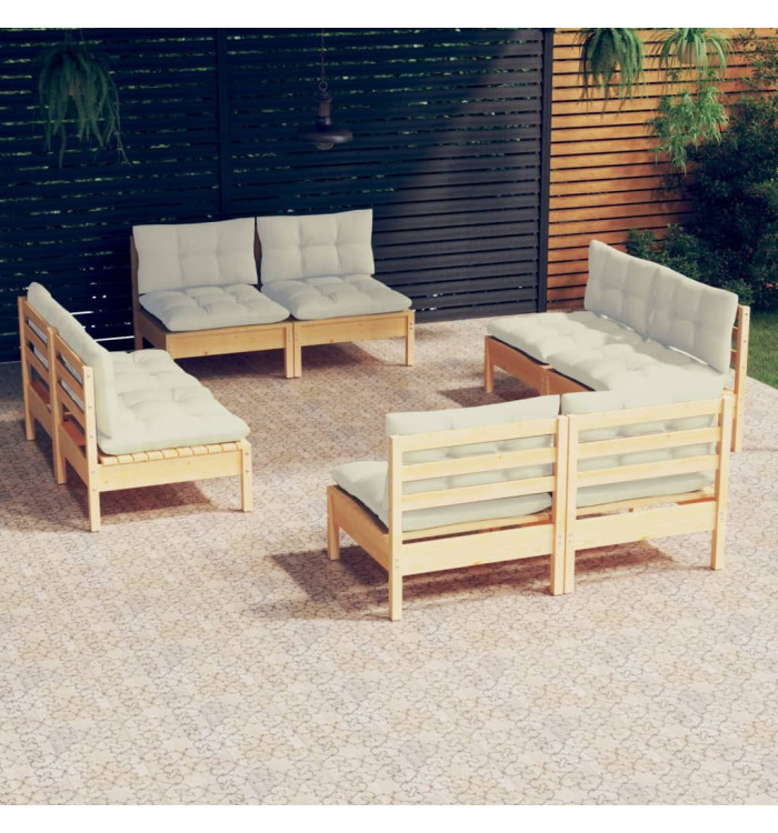 Salon de jardin 8 pcs avec coussins crème Bois de pin | Mobilier & Déco