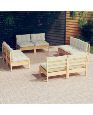 Salon de jardin 8 pcs avec coussins crème Bois de pin | Mobilier & Déco