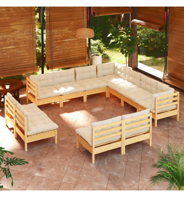 Salon de jardin 11 pcs avec coussins crème Bois de pin solide | Mobilier & Déco