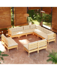 Salon de jardin 11 pcs avec coussins crème Bois de pin solide | Mobilier & Déco