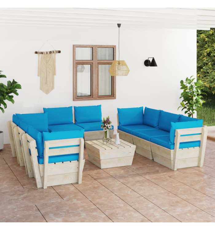 Salon de jardin palette 9 pcs avec coussins bois d'épicéa | Mobilier & Déco