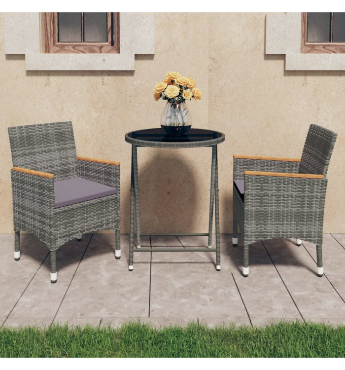 Ensemble de bistro 3 pcs Résine tressée et verre trempé Gris | Mobilier & Déco