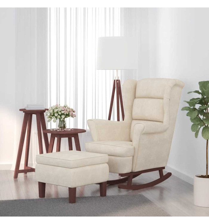 Chaise à bascule avec pieds en bois et tabouret Crème Velours | Mobilier & Déco