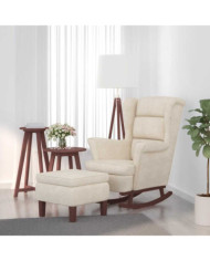 Chaise à bascule avec pieds en bois et tabouret Crème Velours | Mobilier & Déco