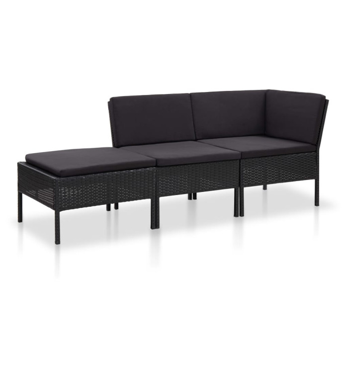 Salon de jardin 3 pcs avec coussins Résine tressée Noir | Mobilier & Déco