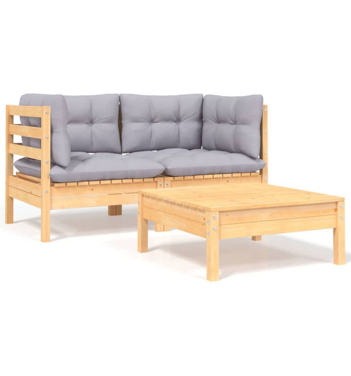 Salon de jardin 3 pcs avec coussins gris Bois de pin massif | Mobilier & Déco