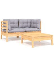 Salon de jardin 3 pcs avec coussins gris Bois de pin massif | Mobilier & Déco