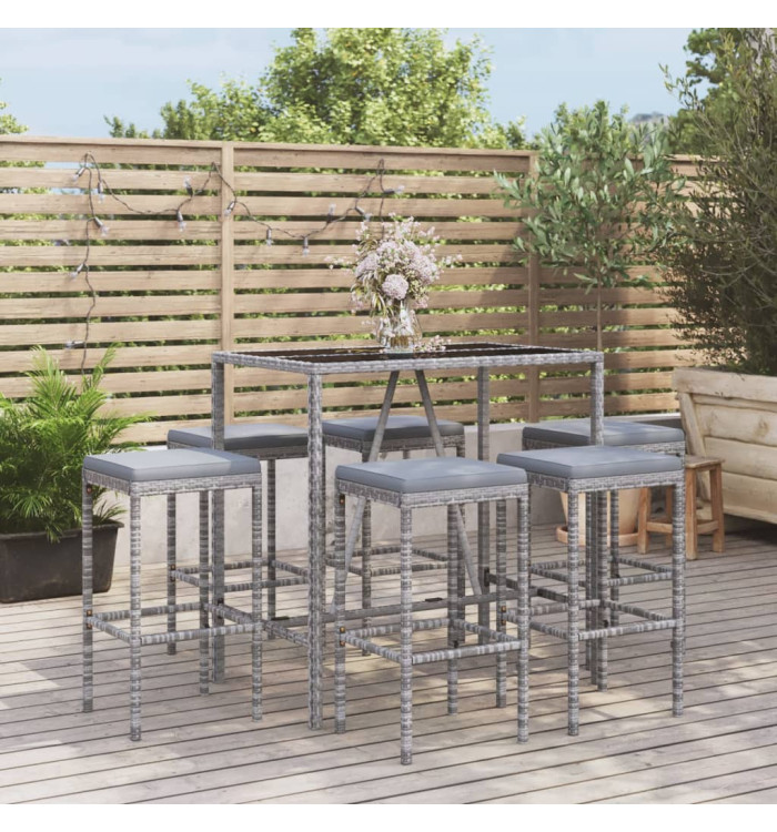 Ensemble de bar de jardin 7 pcs avec coussins gris poly rotin | Mobilier & Déco