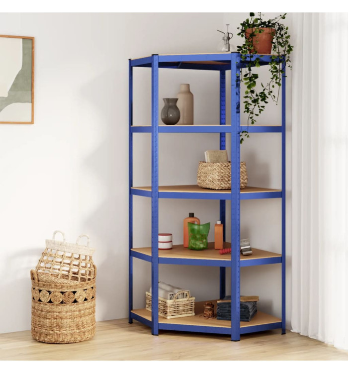 Étagère d'angle à 5 niveaux Bleu Acier et bois d'ingénierie | Mobilier & Déco