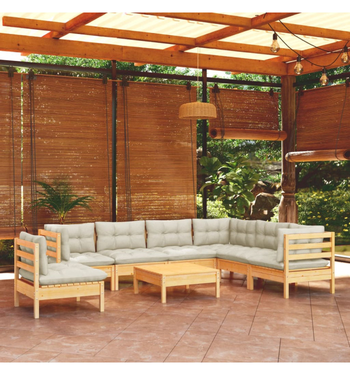 Salon de jardin 8 pcs avec coussins crème Bois de pin massif | Mobilier & Déco