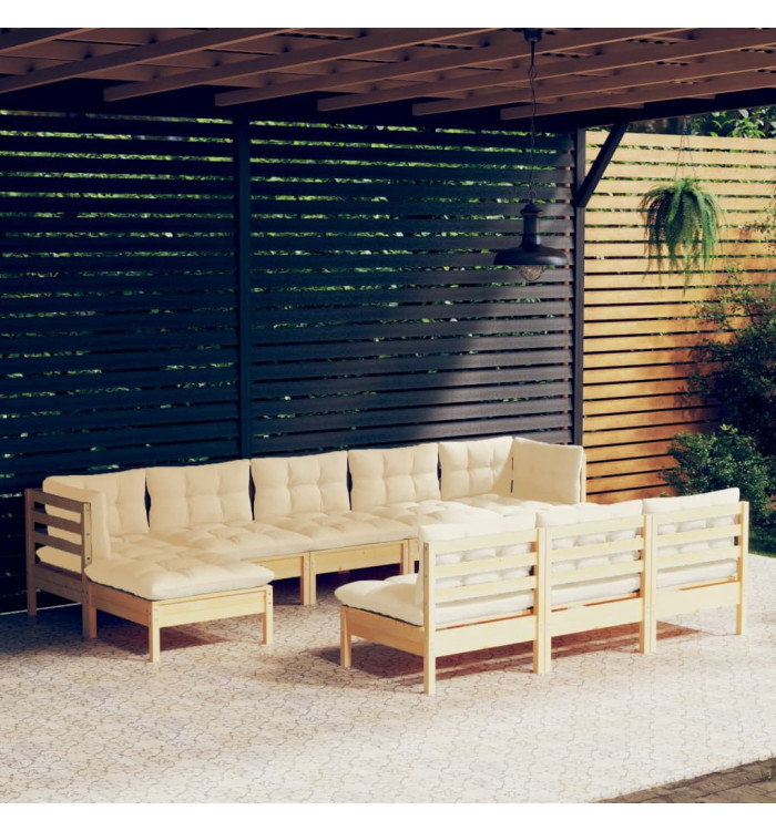 Salon de jardin 10 pcs avec coussins crème Bois de pin | Mobilier & Déco