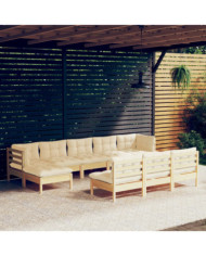 Salon de jardin 10 pcs avec coussins crème Bois de pin | Mobilier & Déco